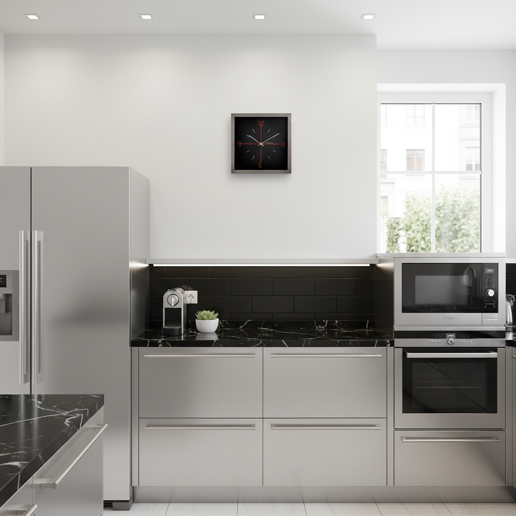 Wanduhr chrom Küchenuhr eckig schwarz Nextime